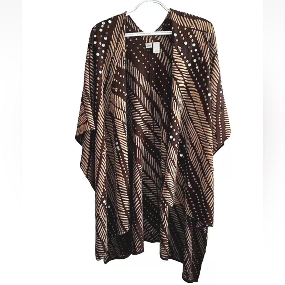 Chico's Shawl Wrap Cardigan Ruana Kimono Women's One Size OS Brown Tan Beaded - Picture 3 of 12